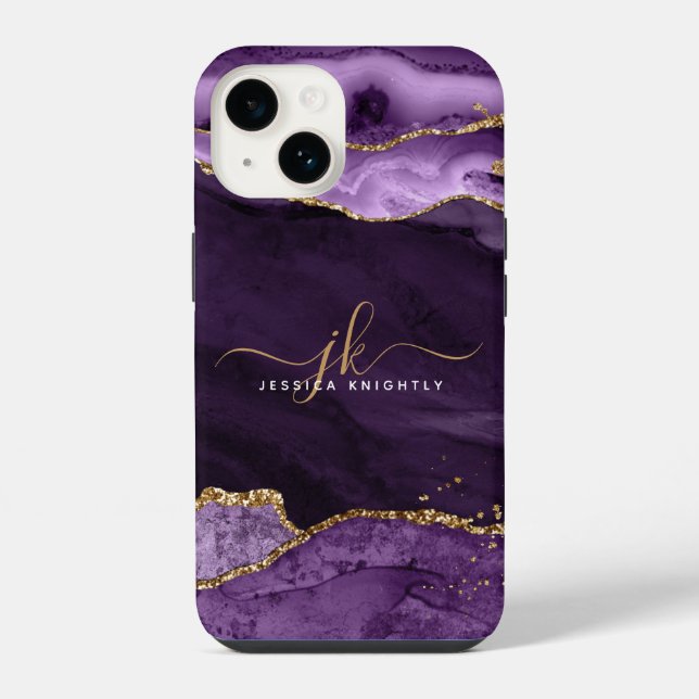 Purple Agate Gold Glitter Script Monogram Name Iphone Case (Back)