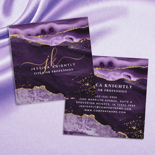 Purple Agate Gold Glitter Script Monogram QR Square Business Card (Creator Uploaded)