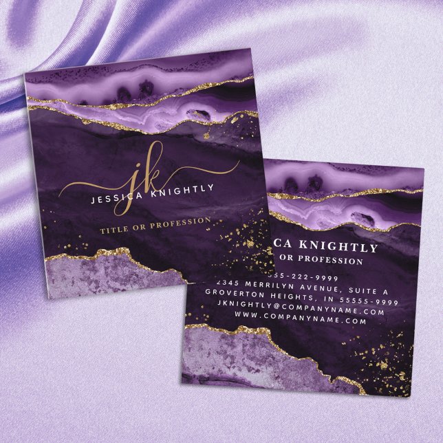 Purple Agate Gold Glitter Script Monogram Square Business Card (Creator Uploaded)