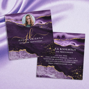 Purple Agate Gold Glitter Script Photo Square Business Card