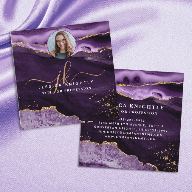 Purple Agate Gold Glitter Script Photo Square Business Card (Creator Uploaded)