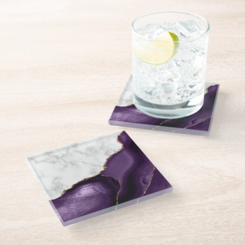 Purple Agate Gold Glitter White Faux Marble Glass Coaster