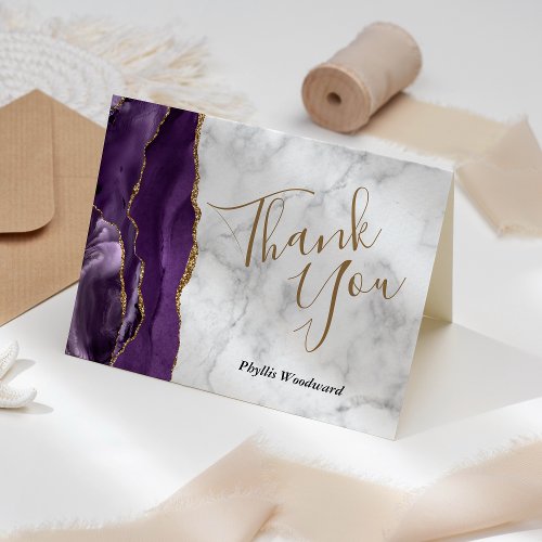 Purple Agate Gold Gray Marble Thank You Blank Card