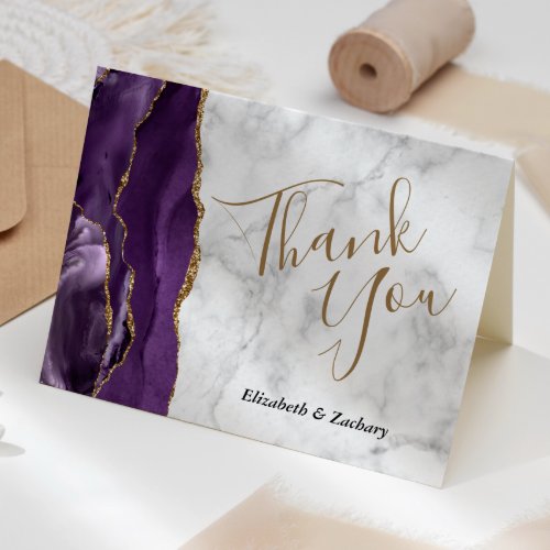 Purple Agate Gold Gray Marble Wedding Thank You Card