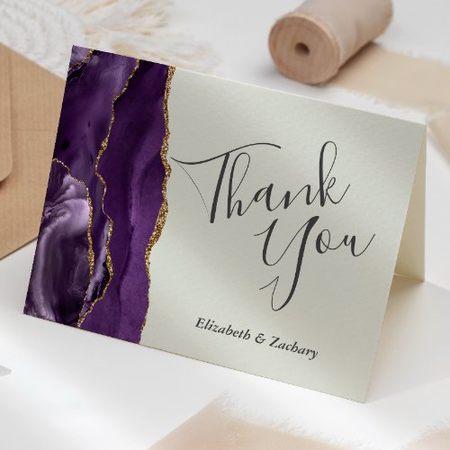 Purple Agate Gold Ivory Wedding Thank You Card