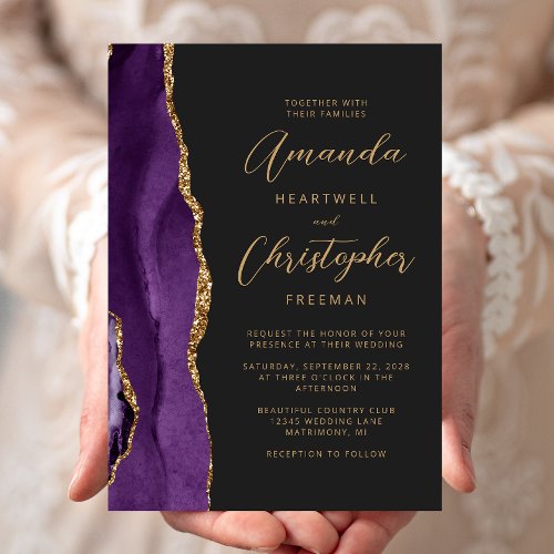 Purple Agate Gold Modern Script Slate Wedding Invitation