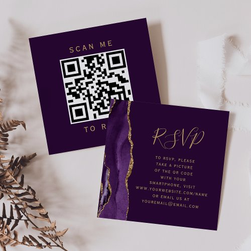 Purple Agate Gold Plum Wedding QR Code RSVP Enclosure Card