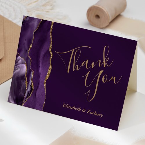 Purple Agate Gold Plum Wedding Thank You Card