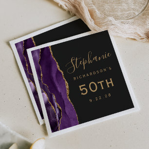 Purple Agate Gold Script Dark 50th Birthday Napkins