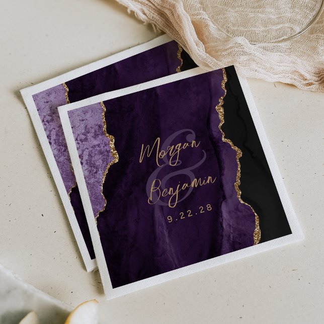 Purple Agate Gold Script Wedding Napkins (Creator Uploaded)
