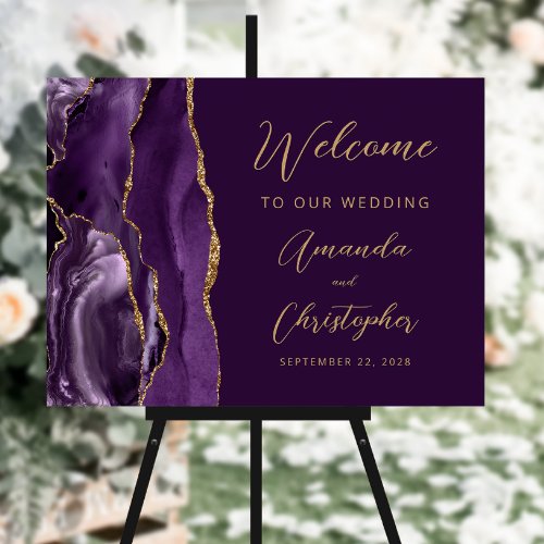 Purple Agate Gold Script Wedding Welcome Foam Board