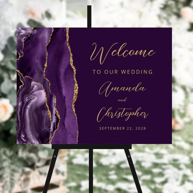 Purple Agate Gold Script Wedding Welcome Foam Board (Creator Uploaded)