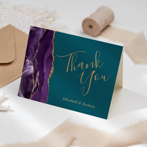 Purple Agate Gold Teal Wedding Thank You Card