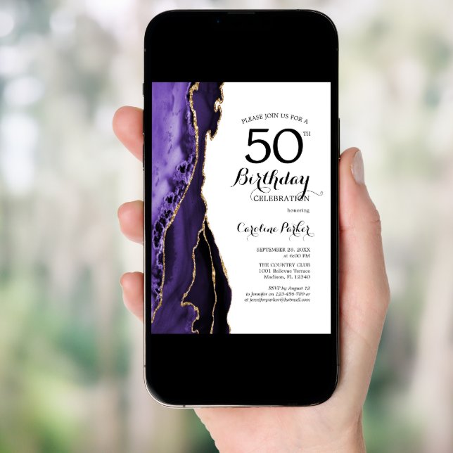 Purple Agate Gold White 50th Birthday Invitation (Front Digital)