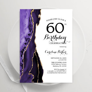 Purple Agate Gold White 60th Birthday Invitation