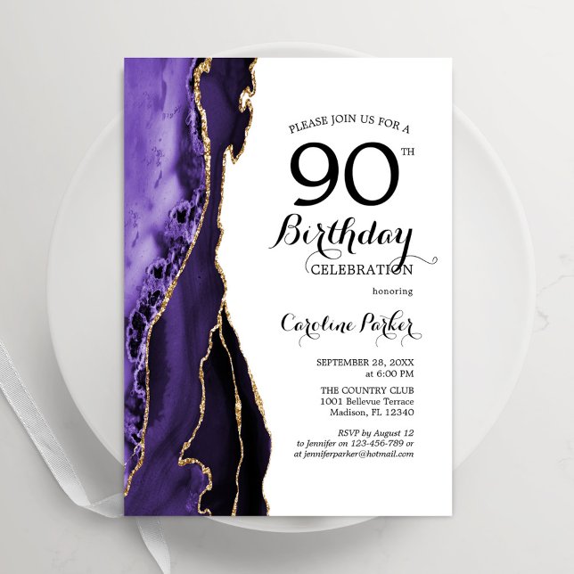 Purple Agate Gold White 90th Birthday Invitation (Creator Uploaded)