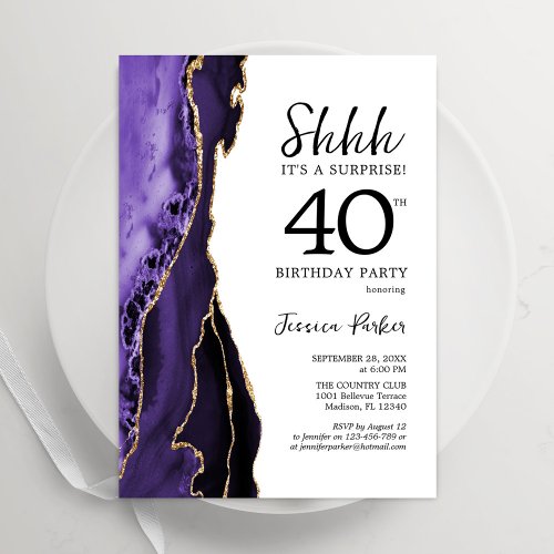 Purple Agate Gold White Surprise 40th Birthday Invitation