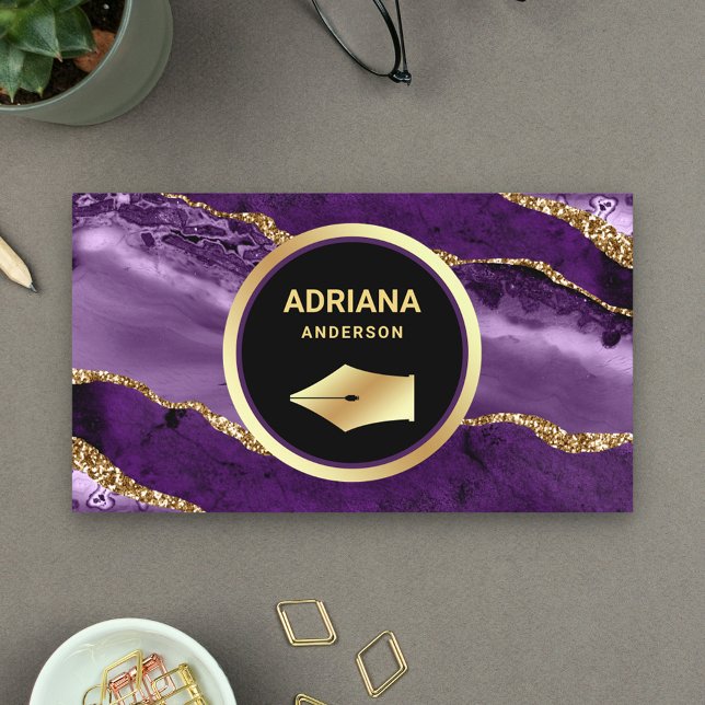Purple Agate Lawyer Attorney Gold Pen Nib Business Card (Creator Uploaded)