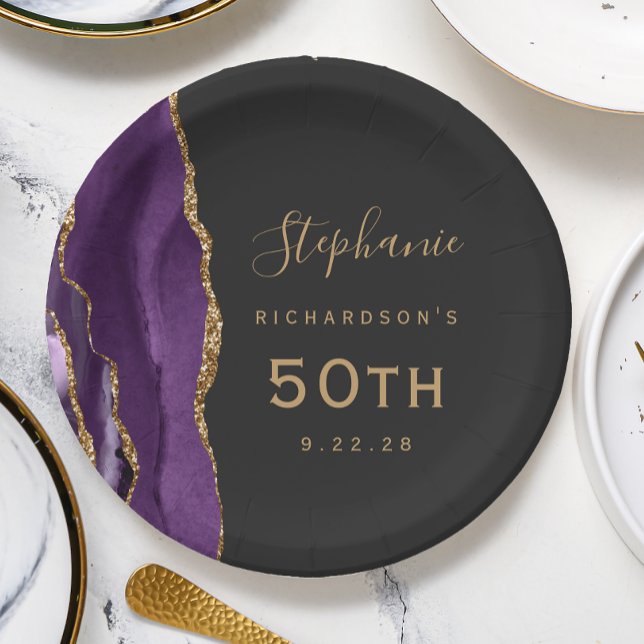 Purple Agate Marble Gold Dark 50th Birthday Paper Plates (Creator Uploaded)