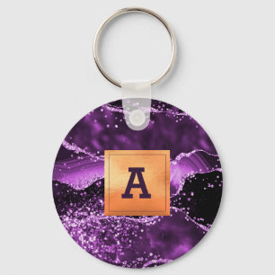 Purple agate marble gold monogram keychain