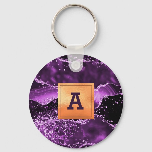 Purple agate marble gold monogram keychain (Front)