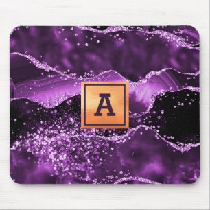 Purple agate marble gold monogram mouse pad