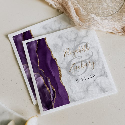 Purple Agate Marble Gold Script Wedding Napkins