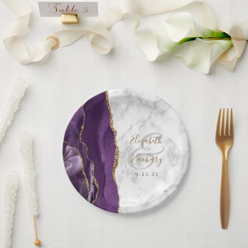 Purple Agate Marble Gold Script Wedding Paper Plates