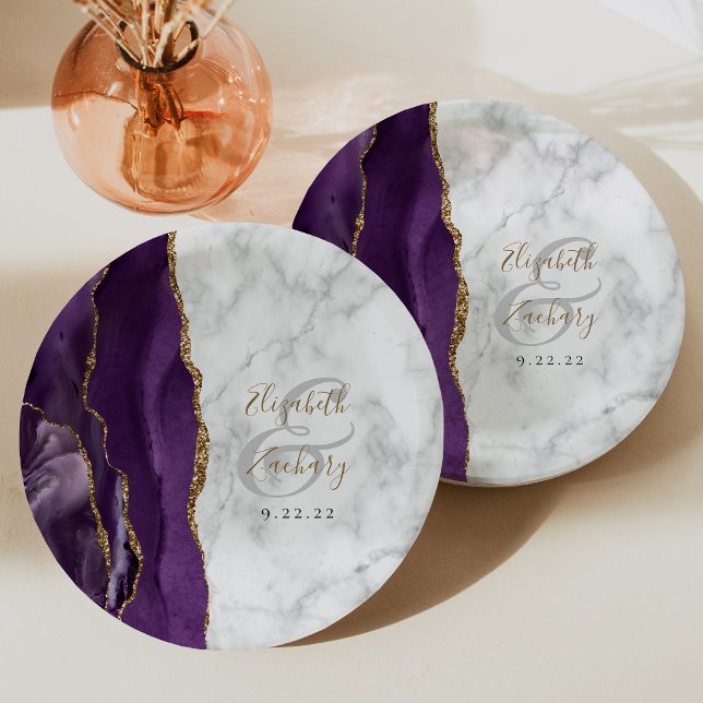 Purple Agate Marble Gold Script Wedding Paper Plates (Creator Uploaded)
