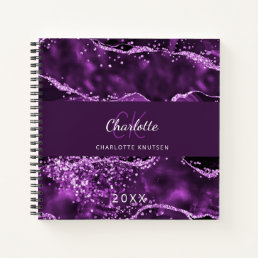Purple agate marble monogram glamorous notebook