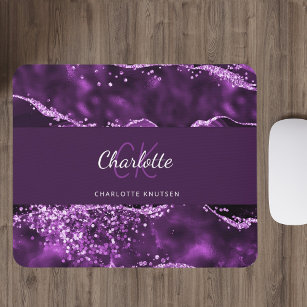 Purple agate marble monogram name mouse pad