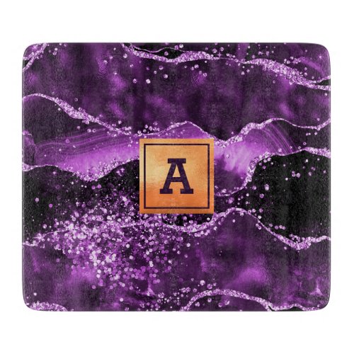 Purple agate marble stone gold monogram cutting board