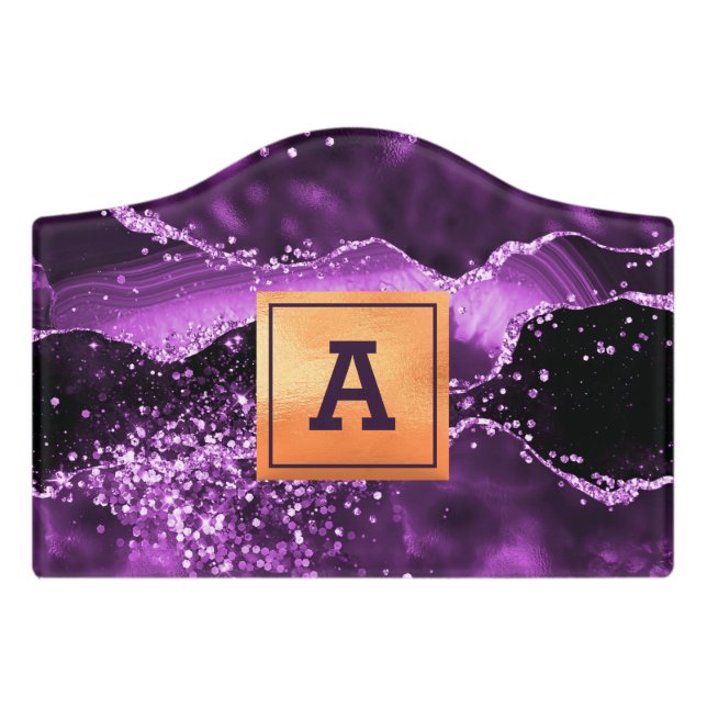 Purple agate marble stone gold monogram door sign (Small Crest Front)