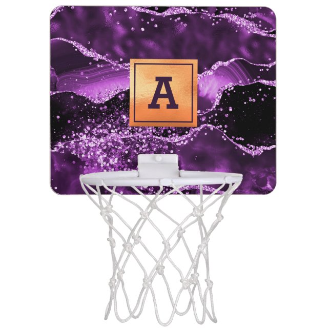 Purple agate marble stone gold monogram  mini basketball hoop (Front)