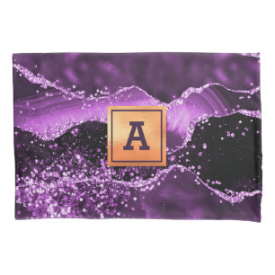 Purple agate marble stone gold monogram pillow case