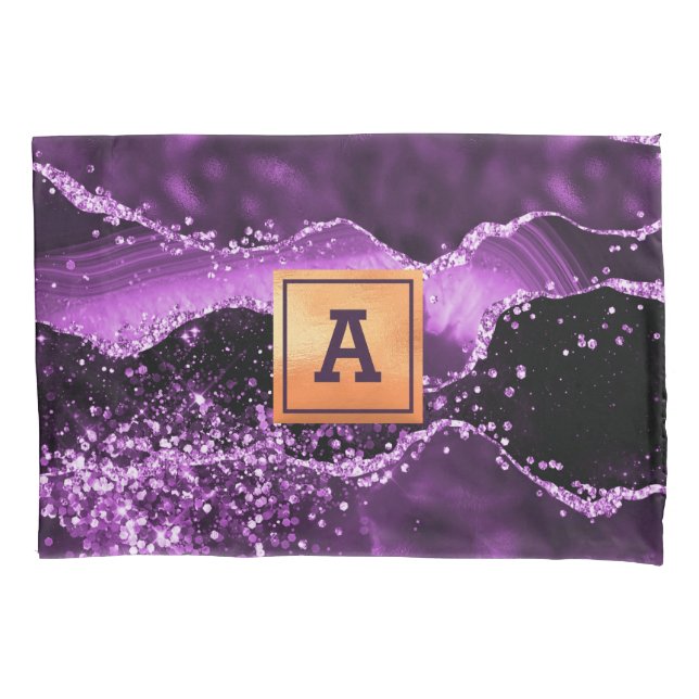Purple agate marble stone gold monogram pillow case (Front)
