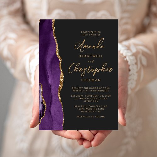 Purple Agate Modern Gold Script Slate Wedding Invitation