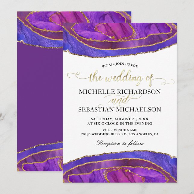Purple Agate Modern Watercolor Gold Wedding Invitation (Front/Back)