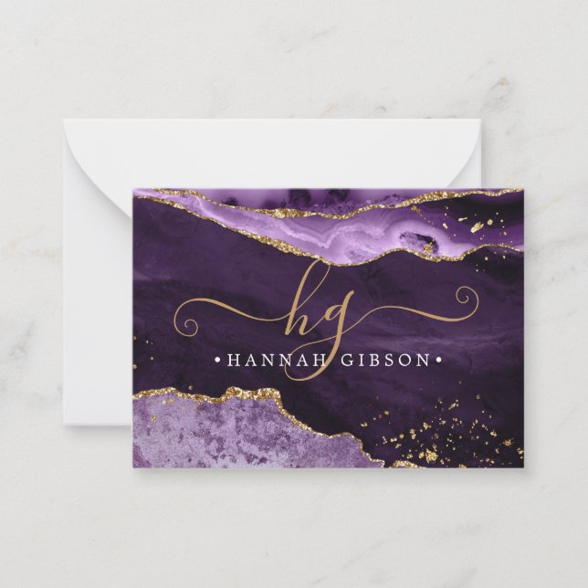 Purple Agate Monogram Fancy Script Gold Glitter Note Card (Front)