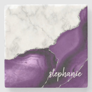 Purple Agate Signature White Marble Silver Stone Coaster