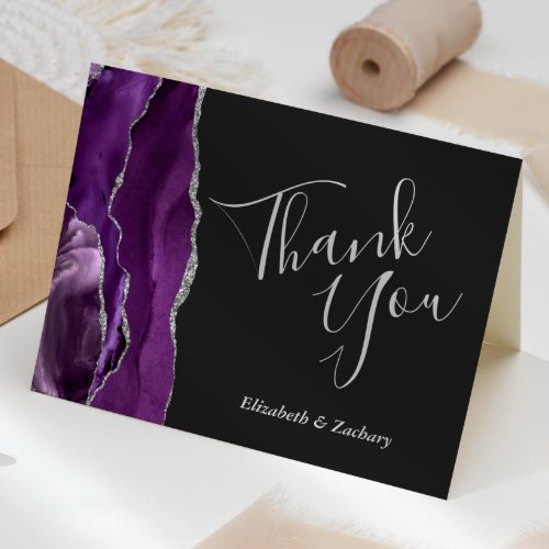 Purple Agate Silver Dark Wedding Thank You Card