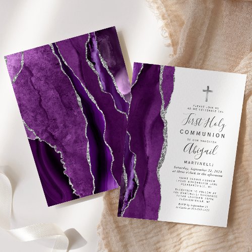 Purple Agate Silver Glitter First Holy Communion Invitation