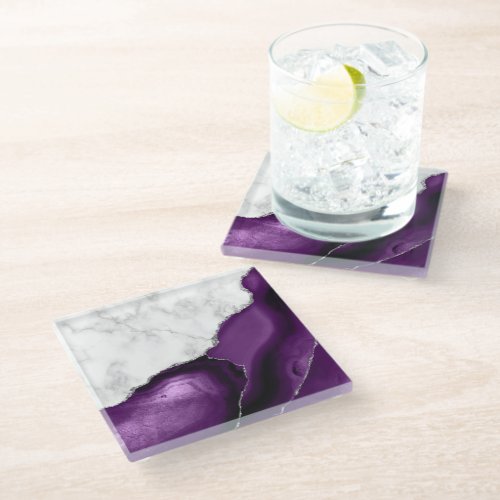 Purple Agate Silver Glitter White Faux Marble Glass Coaster