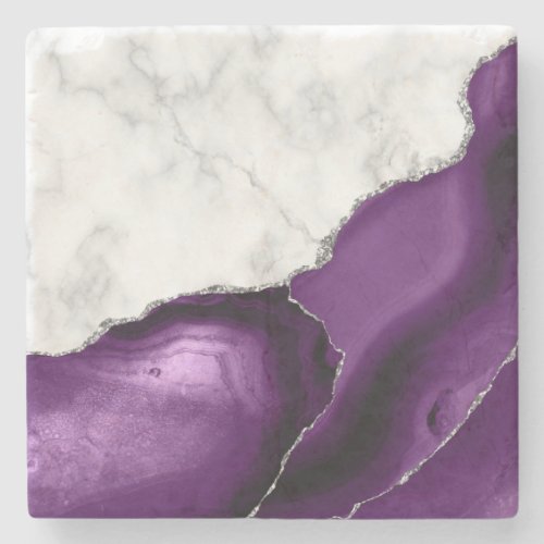 Purple Agate Silver Glitter White Faux Marble Stone Coaster