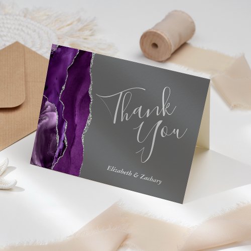 Purple Agate Silver Gray Wedding Thank You Card
