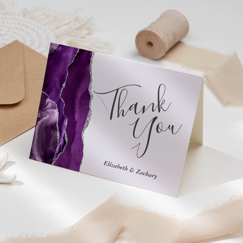 Purple Agate Silver Lavender Wedding Thank You Card