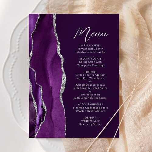 Purple Agate Silver Modern Script Plum Wedding Menu