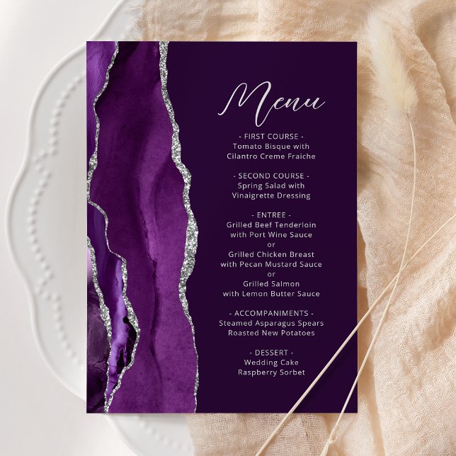 Purple Agate Silver Modern Script Plum Wedding Menu (Creator Uploaded)