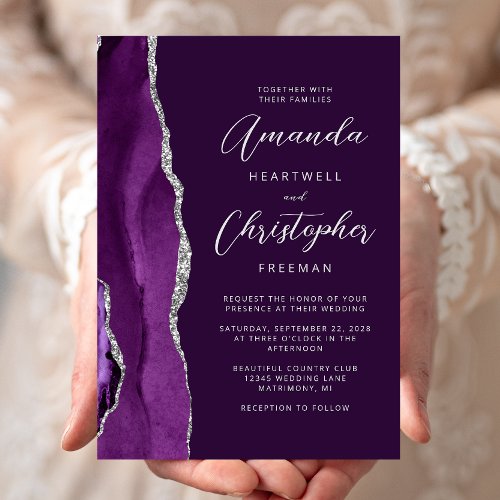 Purple Agate Silver Modern Script Wedding Invitation