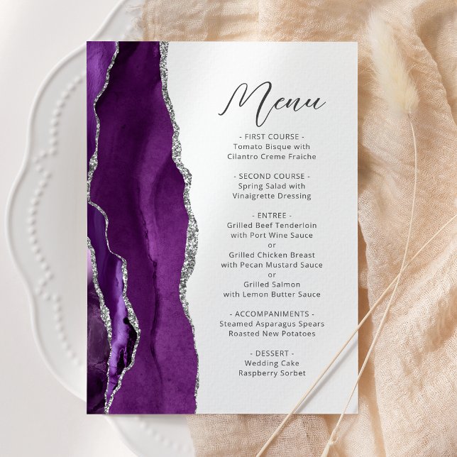 Purple Agate Silver Modern Script Wedding Menu (Creator Uploaded)